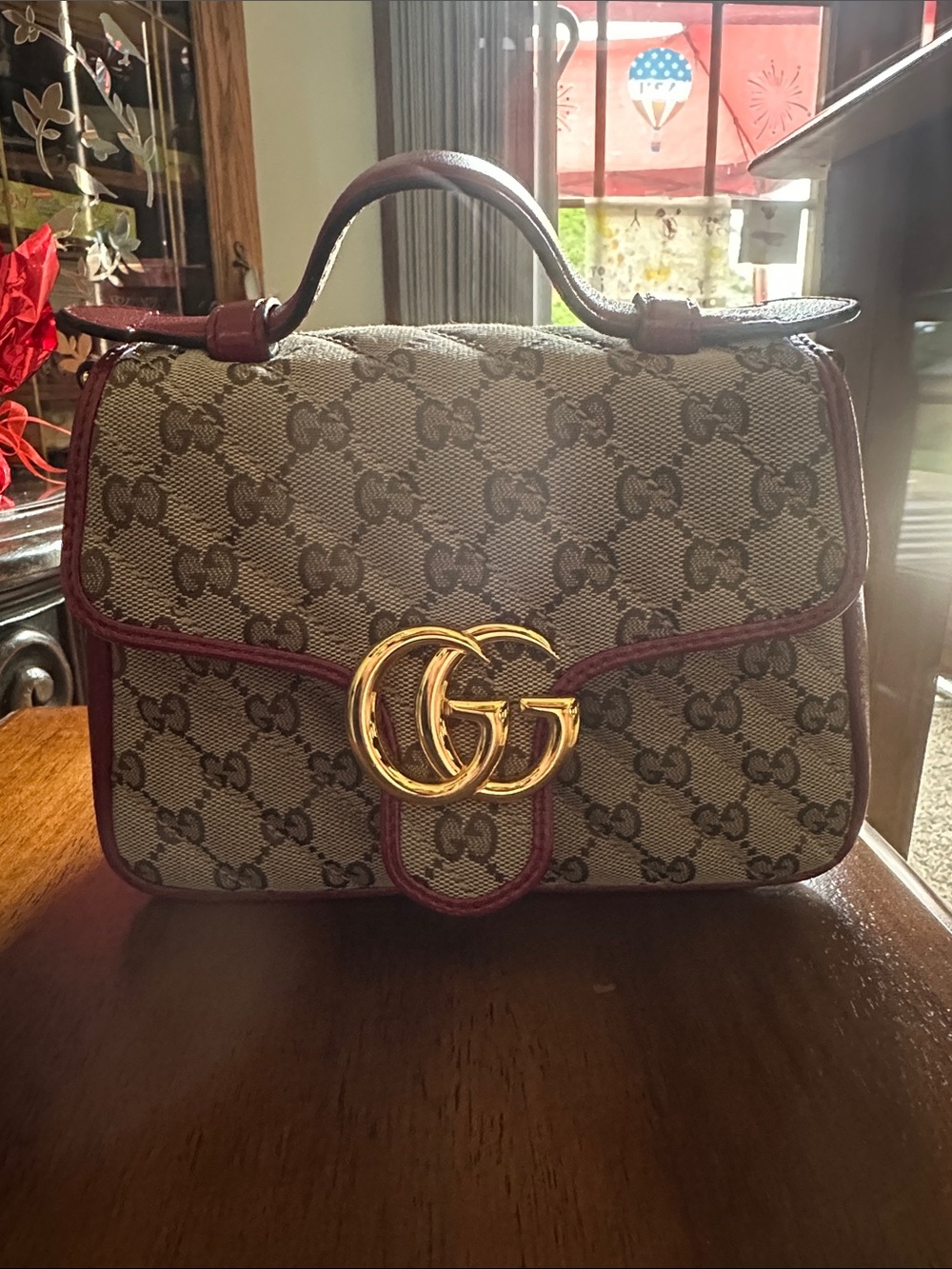 Gucci Brown GG Canvas Satchel with Burgundy Trim and Gold Hardware